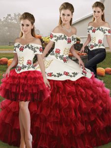 Embroidery and Ruffled Layers Quinceanera Gowns Wine Red Lace Up Sleeveless Floor Length