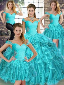 Custom Designed Sleeveless Organza Brush Train Lace Up 15 Quinceanera Dress in Aqua Blue with Beading and Ruffles