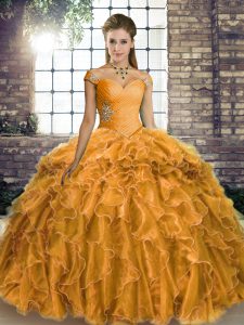 Clearance Off The Shoulder Sleeveless Quinceanera Gowns Brush Train Beading and Ruffles Gold Organza
