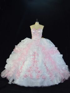 Sweetheart Sleeveless Lace Up Sweet 16 Dresses Pink And White Organza