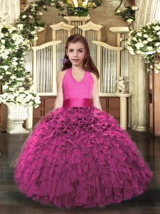 Hot Pink Sleeveless Ruffles Floor Length Pageant Gowns For Girls