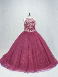 Burgundy Ball Gowns Beading Quinceanera Dresses Lace Up Tulle Sleeveless