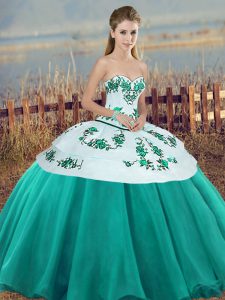 Turquoise Sweet 16 Quinceanera Dress Military Ball and Sweet 16 and Quinceanera with Embroidery and Bowknot Sweetheart Sleeveless Lace Up
