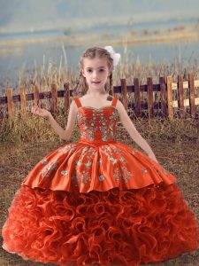 Low Price Orange Red Ball Gowns Fabric With Rolling Flowers Straps Sleeveless Embroidery Lace Up Kids Pageant Dress Sweep Train