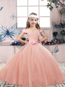 Eye-catching Off The Shoulder Sleeveless Little Girl Pageant Gowns Floor Length Lace and Belt Peach Tulle