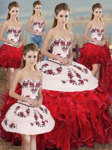 White And Red Organza Lace Up Sweetheart Sleeveless Floor Length 15th Birthday Dress Embroidery and Ruffles and Bowknot