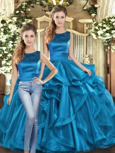 Popular Sleeveless Floor Length Ruffles Lace Up Quinceanera Dress with Teal