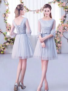 Grey Empire Lace Damas Dress Lace Up Tulle Half Sleeves Mini Length