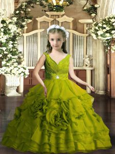 High End Olive Green Ball Gowns Beading Little Girls Pageant Gowns Backless Organza Sleeveless Floor Length
