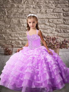 Straps Sleeveless Kids Pageant Dress Brush Train Beading and Ruffled Layers Lavender Organza