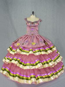 New Arrival Pink Straps Neckline Embroidery and Ruffled Layers 15th Birthday Dress Sleeveless Lace Up