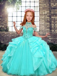 Aqua Blue Sleeveless Organza Lace Up Little Girl Pageant Gowns for Party and Wedding Party
