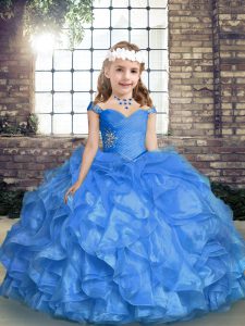 Blue Lace Up Child Pageant Dress Beading and Ruffles and Ruching Sleeveless Floor Length