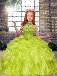 Yellow Green Ball Gowns Organza High-neck Sleeveless Beading and Ruffles Floor Length Lace Up Kids Pageant Dress