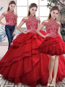 Wonderful Red High-neck Neckline Beading and Ruffles Quinceanera Gowns Sleeveless Lace Up