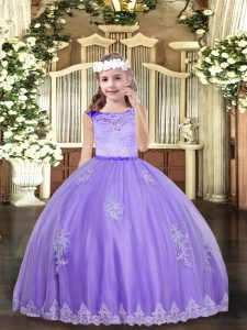 Lavender Ball Gowns Lace and Appliques Kids Pageant Dress Zipper Tulle Sleeveless Floor Length