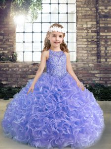 Admirable Lavender Lace Up Scoop Beading and Ruffles Child Pageant Dress Fabric With Rolling Flowers Sleeveless