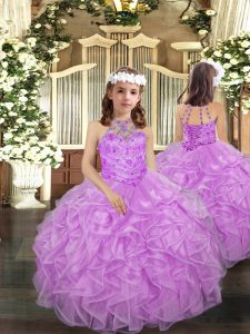 Elegant Floor Length Lilac Child Pageant Dress Halter Top Sleeveless Lace Up