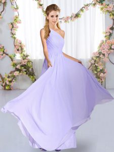 Classical Lavender Empire One Shoulder Sleeveless Chiffon Floor Length Lace Up Ruching Dama Dress