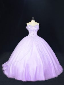 Beautiful Lavender Ball Gowns Beading Vestidos de Quinceanera Lace Up Tulle Sleeveless
