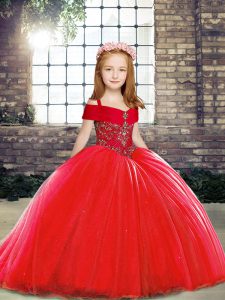 Most Popular Brush Train Ball Gowns Little Girl Pageant Dress Red Straps Tulle Sleeveless Lace Up