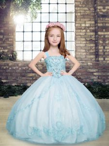 Light Blue Sleeveless Beading Floor Length Girls Pageant Dresses