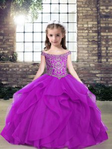 Low Price Purple Sleeveless Tulle Lace Up Little Girl Pageant Gowns for Party and Wedding Party