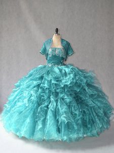 Smart Turquoise Sleeveless Organza Lace Up Quinceanera Gown for Sweet 16 and Quinceanera