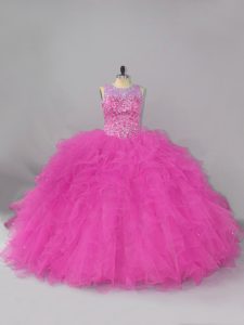 Stylish Fuchsia Lace Up Quinceanera Dresses Beading and Ruffles Sleeveless