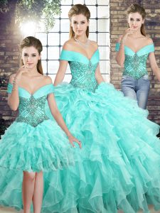 Deluxe Sleeveless Beading and Ruffles Lace Up Vestidos de Quinceanera with Aqua Blue Brush Train