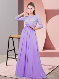 Lavender Side Zipper Quinceanera Court of Honor Dress Lace and Belt 3 4 Length Sleeve Floor Length
