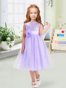 Lavender Organza Zipper Scoop Sleeveless Tea Length Little Girl Pageant Gowns Sequins and Hand Made Flower
