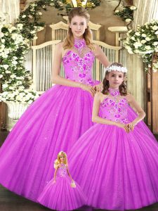 Fashionable Lilac Tulle Lace Up Halter Top Sleeveless Floor Length 15th Birthday Dress Embroidery