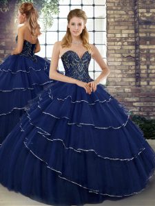 Affordable Sweetheart Sleeveless Tulle Vestidos de Quinceanera Beading and Ruffled Layers Brush Train Lace Up