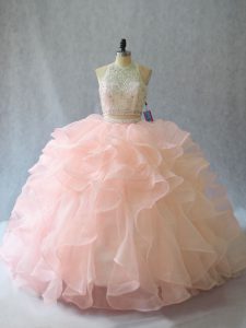 High Quality Brush Train Two Pieces Quinceanera Dresses Peach Halter Top Organza Sleeveless Backless