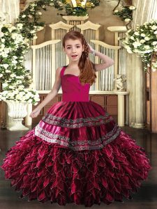 Glorious Hot Pink and Fuchsia Lace Up Straps Appliques and Ruffles Little Girls Pageant Dress Wholesale Organza Sleeveless
