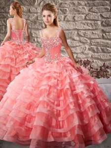 Watermelon Red Ball Gowns Straps Sleeveless Organza Court Train Lace Up Beading and Ruffled Layers 15 Quinceanera Dress