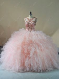Spectacular Tulle Scoop Sleeveless Brush Train Lace Up Beading and Ruffles Ball Gown Prom Dress in Peach