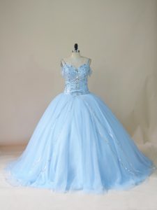 Great Tulle Straps Sleeveless Brush Train Lace Up Beading Ball Gown Prom Dress in Light Blue