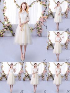 Perfect Tea Length Empire Half Sleeves Champagne Dama Dress for Quinceanera Lace Up
