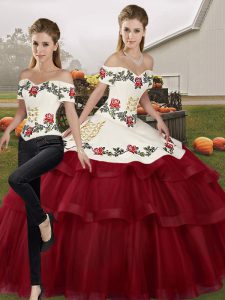 On Sale Wine Red Tulle Lace Up Sweet 16 Quinceanera Dress Sleeveless Brush Train Embroidery and Ruffled Layers