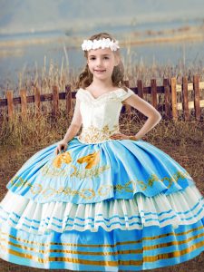 Baby Blue Ball Gowns Satin Off The Shoulder Sleeveless Embroidery Floor Length Lace Up Little Girls Pageant Dress