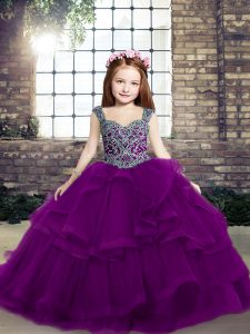 Perfect Purple Ball Gowns Straps Sleeveless Tulle Floor Length Lace Up Beading Pageant Gowns For Girls