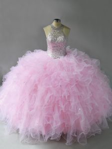 Glittering Pink Sleeveless Tulle Lace Up 15 Quinceanera Dress for Military Ball and Sweet 16 and Quinceanera