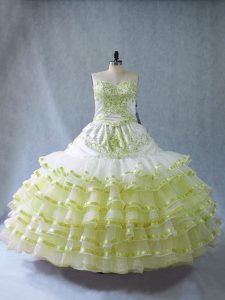 Yellow Green 15th Birthday Dress Embroidery and Ruffled Layers Sleeveless Floor Length