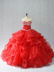 Deluxe Red Ball Gowns Organza Sweetheart Sleeveless Beading and Ruffles Floor Length Lace Up 15 Quinceanera Dress