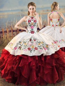 White And Red Sleeveless Floor Length Embroidery and Ruffles Lace Up Ball Gown Prom Dress