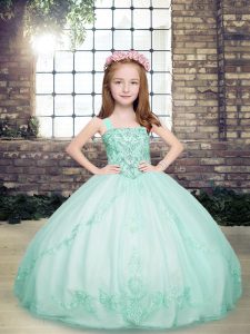 Straps Sleeveless Little Girl Pageant Dress Floor Length Beading Apple Green Tulle