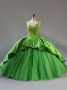 Nice Straps Sleeveless Court Train Lace Up Ball Gown Prom Dress Green Satin and Tulle