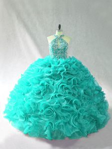 Lace Up Sweet 16 Quinceanera Dress Aqua Blue for Sweet 16 and Quinceanera with Beading and Ruffles Brush Train